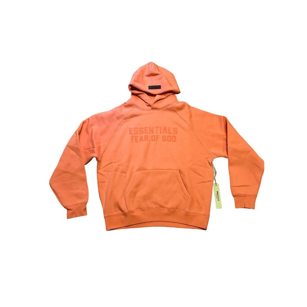 Fear of God Essentials Mens Pullover Hoodie M Coral Sweatshirt Flocked Logo NWT
